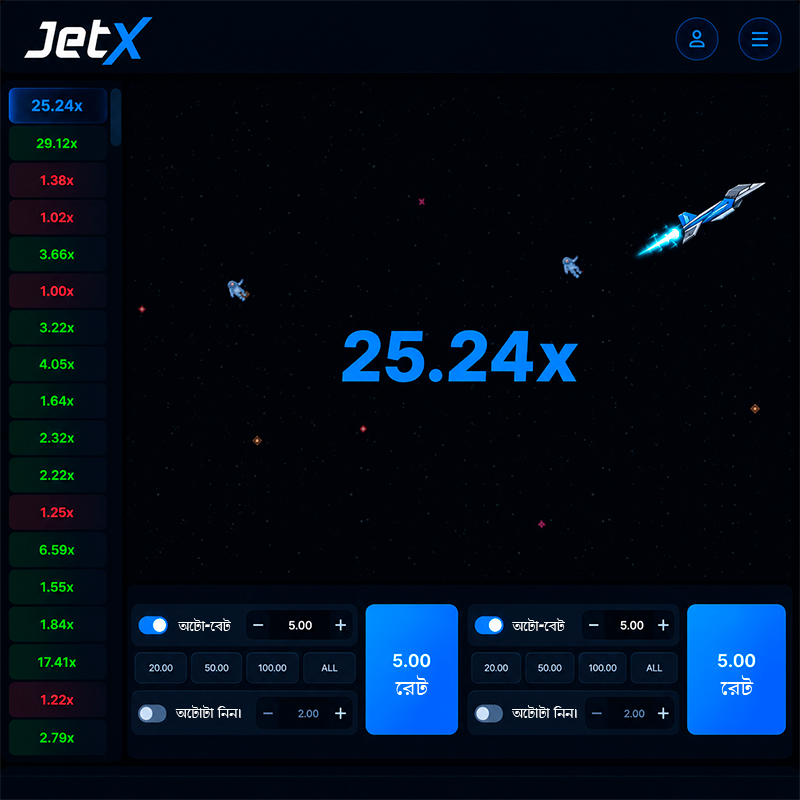 JetX গেমের ইন্টারফেসে বর্তমান গুণক, সাম্প্রতিক রাউন্ডের ফল এবং দুটি বাজির প্যানেল দেখা যাচ্ছে।