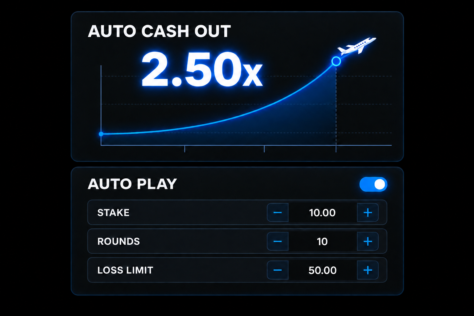 JetX automation settings illustration showing a 2.50x auto cash-out target and autoplay controls.