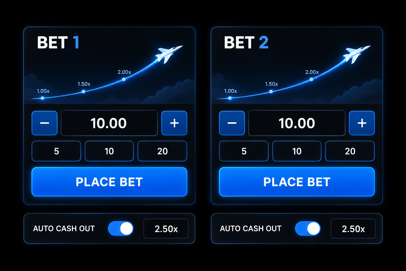 JetX betting interface illustration with two bet panels, stake controls and 2.00x cash-out points.